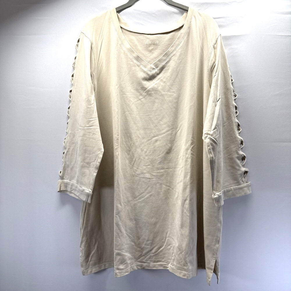 Denim & Co Womens Ivory Tunic Top Size 1X Criss Cross 3/4 Sleeve V-Neck Knit